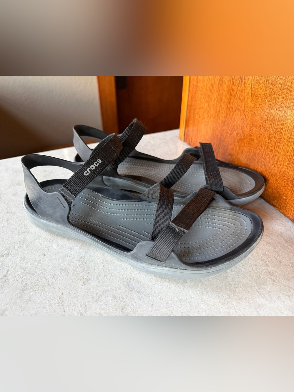 Crocs Black and Gray Strappy Sandals. Size 11.